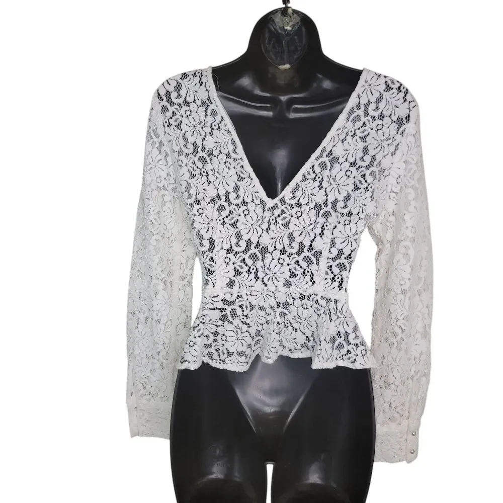 Zara White Lace Deep V Back Peplum Blouse Top Size XS